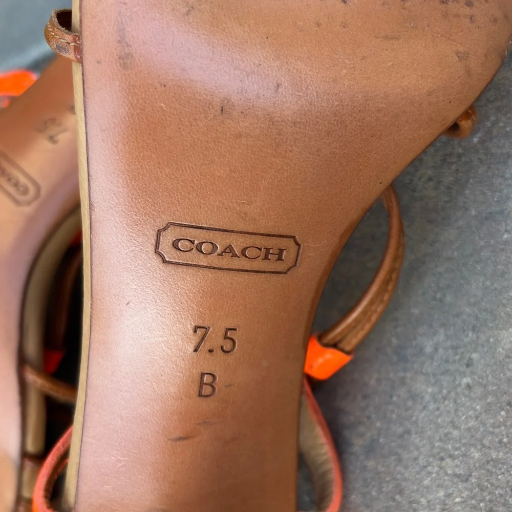 Coach Women's Lana Leather Tan and Orange Strappy Heels‎